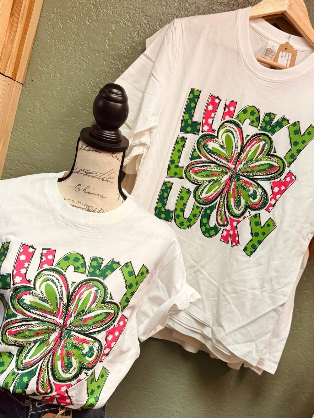 Womens White 'Lucky' Clover Graphic Tee - Green & Pink